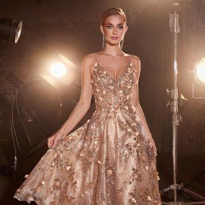 NEW PROM TEA LENGTH A-LINE FORMAL GOWN EMBROIDERED WITH FLORAL APPLQUE CD CC2261